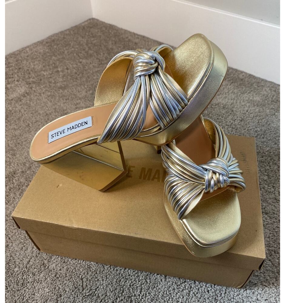 New Steve Madden Sailen Platform Sandals Metallic Silver Women's Size 6